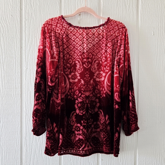 Sundance Boho Silk Sheer Red Flocked Velvet Burnout Ombre V Neck Longsleeve XL - Picture 5 of 6